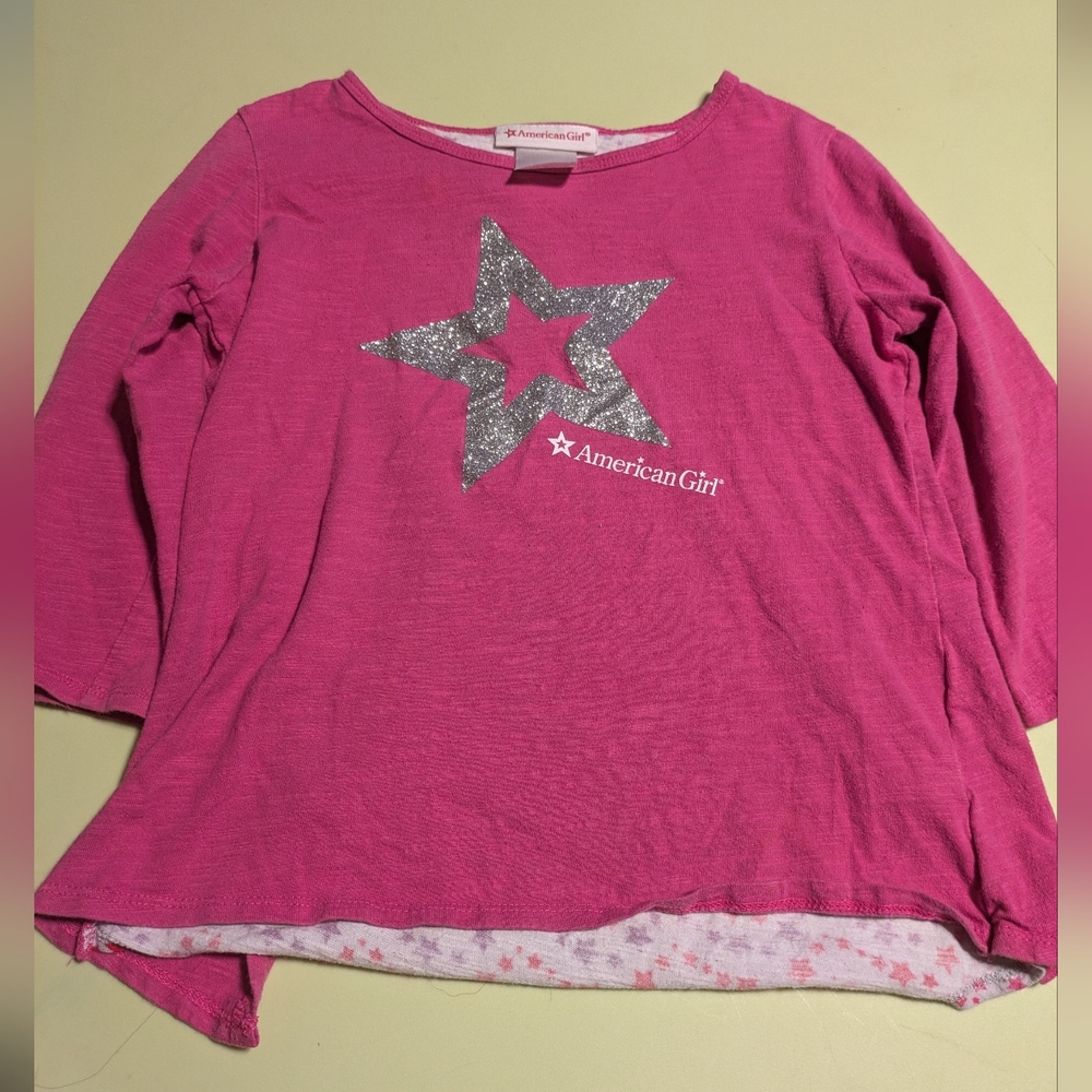 American Girl  M 10/12 Pink Star Split Back 3/4 Sleeve Kids Top
